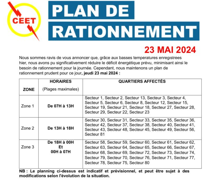 La Compagnie énergie électrique du Togo (CEET) a publié jeudi 23 mai 2024, un nouveau plan de rationalisation de coupure du courant à Lomé et ses environs.