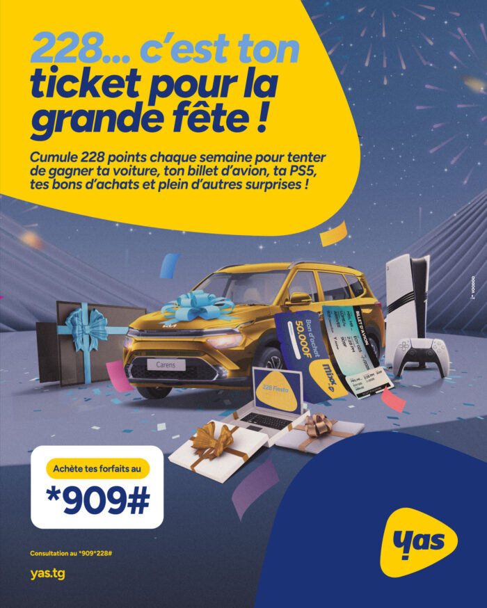 Yas Togo célèbre les fêtes avec la 228 Fiesta. Gagnez voitures et billets d’avion en cumulant des points fidélité.