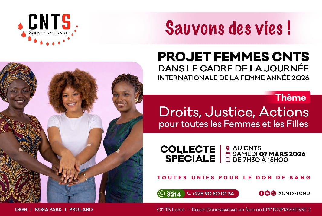 Le CNTS organise une collecte spéciale de sang le 7 mars au Togo pour célébrer la Journée des droits des femmes.