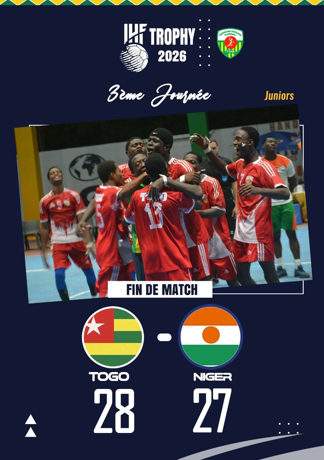 Les U20 du Togo remportent une victoire face au Niger lors de l'IHF Trophy Togo 2026. Une fin de match haletante.