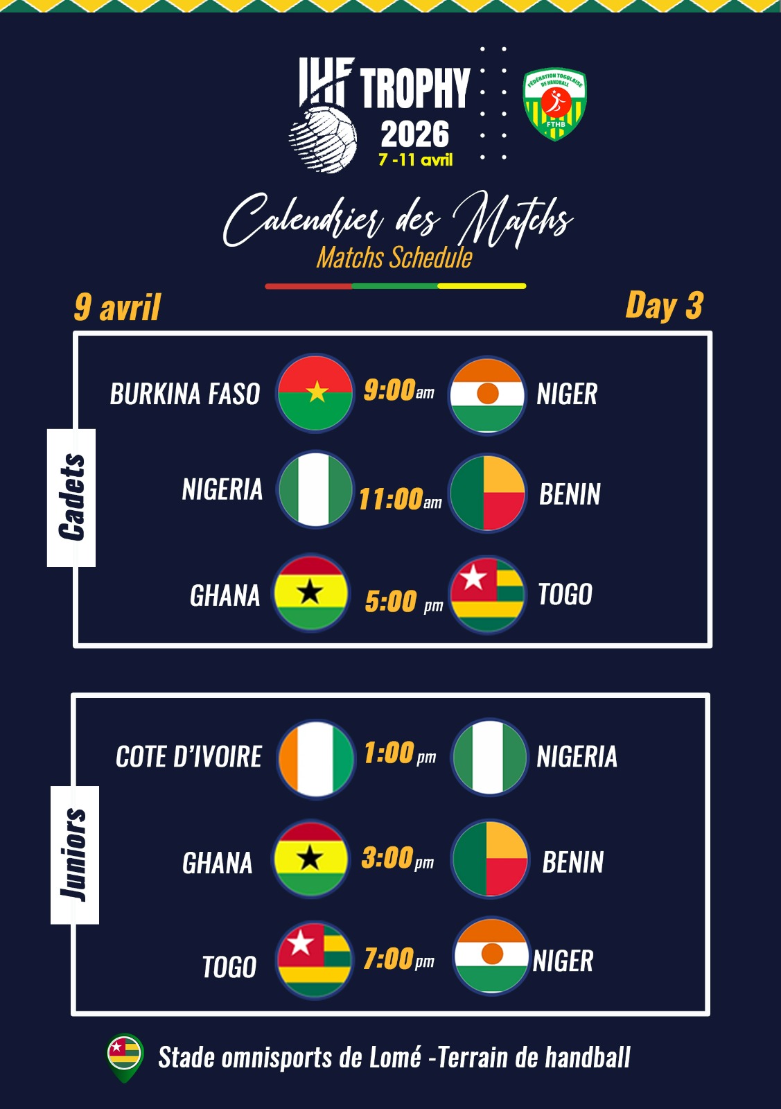 L'IHF Trophy Lomé 2026 atteint un tournant crucial. Ne manquez pas les matchs décisifs de la 3e journée au stade omnisports.