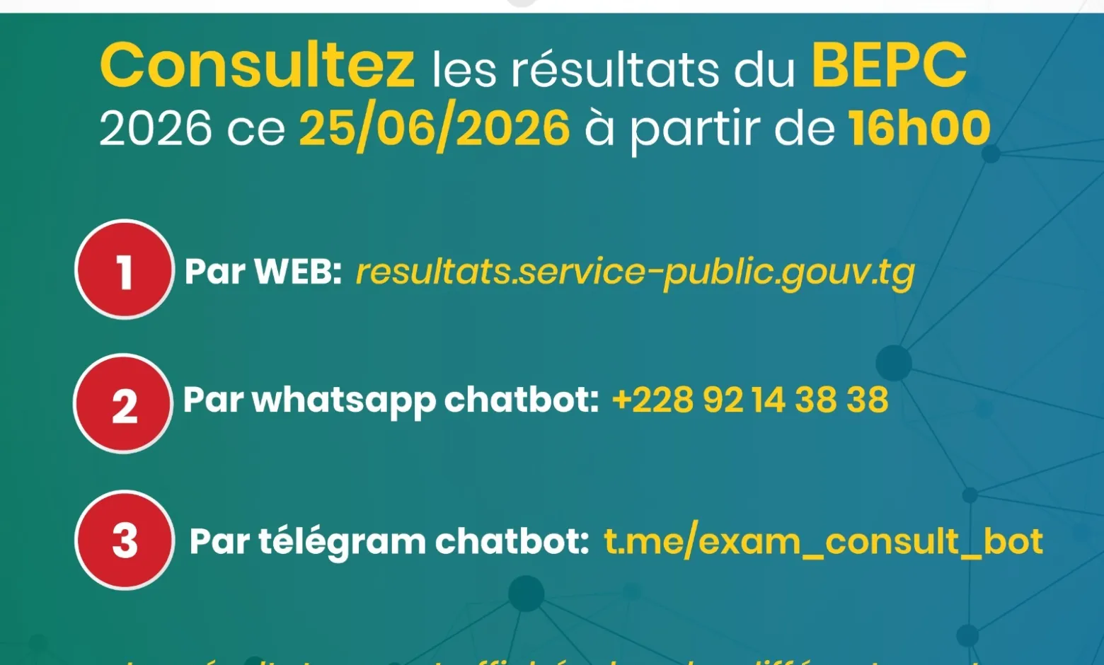 Résultats BEPC 2026 au Togo disponibles ce 26 juin. Consultez-les par web, WhatsApp ou Telegram en toute simplicité.