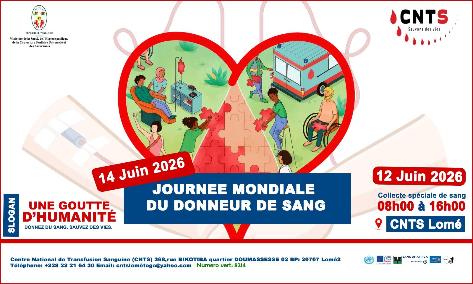Participez à la collecte spéciale de sang organisée par le CNTS de Lomé le 12 juin 2026 et sauvez des vies.