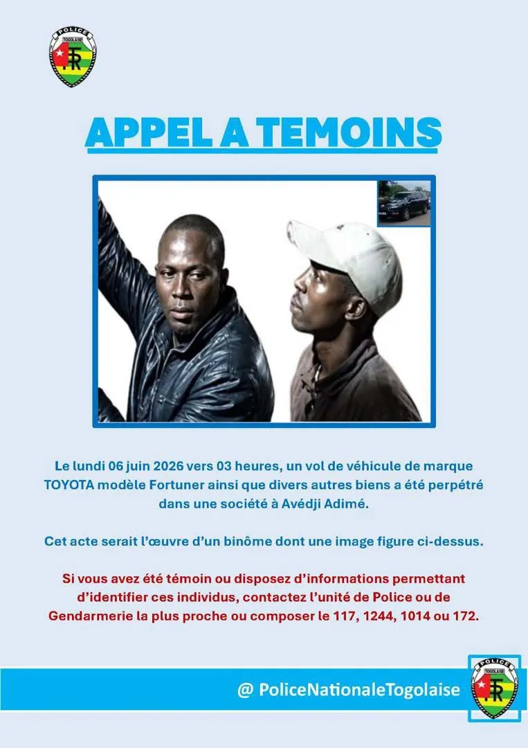 La Police nationale recherche activement deux présumés voleurs à Lomé. Restez vigilants et aidez à les retrouver.