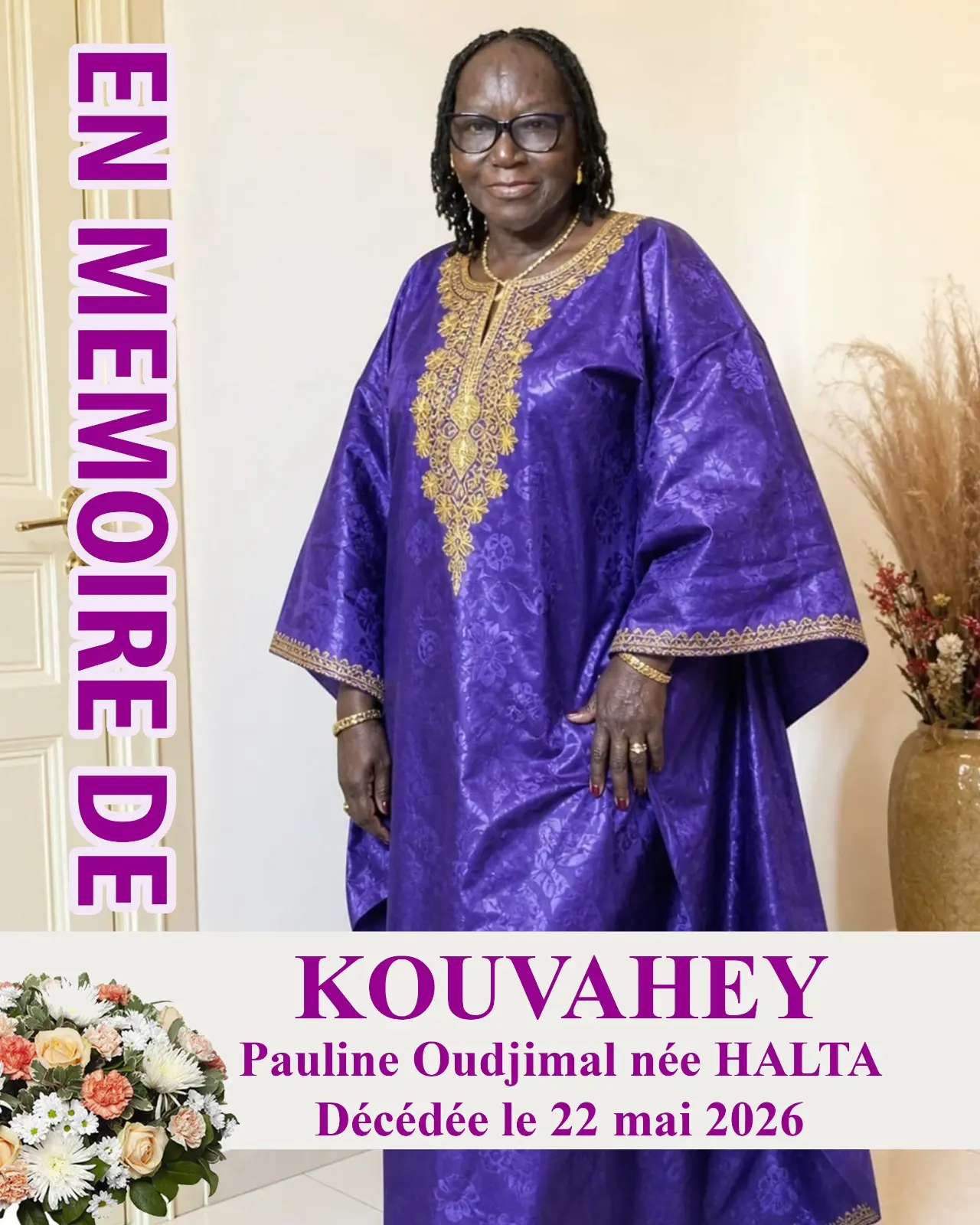 Découvrez le programme des obsèques de feue Pauline Oudjimal KOUVAHEY, Maman Tchadienne, et honorez sa mémoire.
